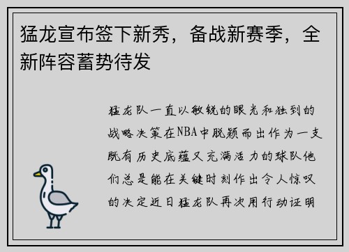 猛龙宣布签下新秀，备战新赛季，全新阵容蓄势待发